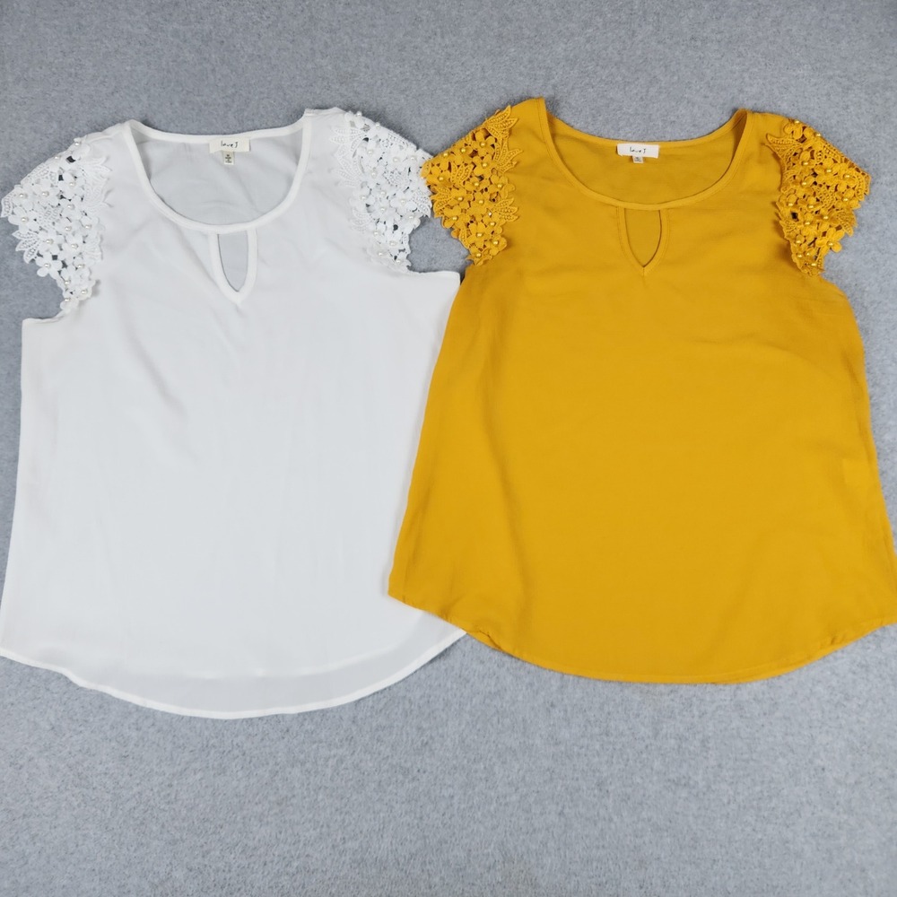 Love J Blouse Womens M White Yellow Lace Crochet Pearl Cap Sleeve Keyhole Neck